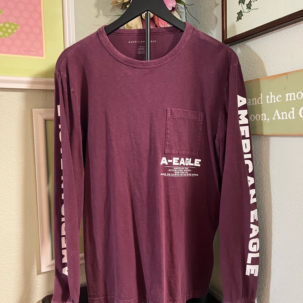 American Eagle Burgundy Crew Neck Long Sleeve Tee Shirt Medium #014